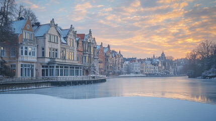 Fototapeta premium Vintage city winter street with european colonial victorian buildings and lake promenade. 19th century town with old architecture. Retro style cityscape at river shore, Cartoon vector illustration