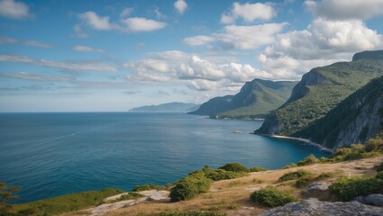 Scenic Coastal View Overlooking The Ocean From A National Park With Lush Greenery And Dramatic Cliffs Under A Bright Cloudy Sky