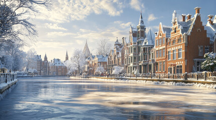 Fototapeta premium Vintage city winter street with european colonial victorian buildings and lake promenade. 19th century town with old architecture. Retro style cityscape at river shore, Cartoon vector illustration