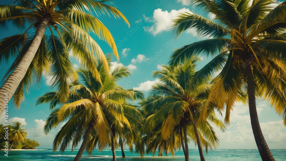 Canvas Prints Tropical Paradise with Lush Palm Trees Against a Bright Blue Sky and Ocean Featuring Ample Space for Text Overlay