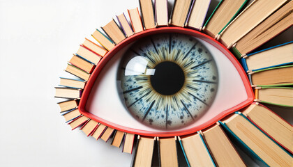 Eye-shaped arrangement of books symbolizing knowledge for blogs, websites, educational materials, reading promotion, literacy awareness, and creative designs