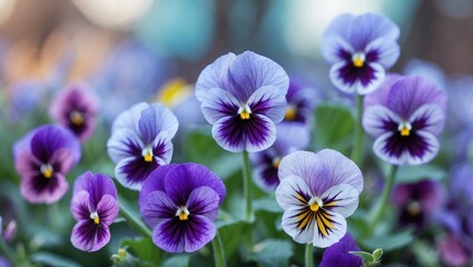 Vibrant Purple Viola Flowers with a Soft Focus Background Ideal for Text Overlay and Floral Themes