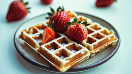 Delicious waffles topped with fresh strawberries on a rustic plate against a light backdrop for a tempting dessert presentation.