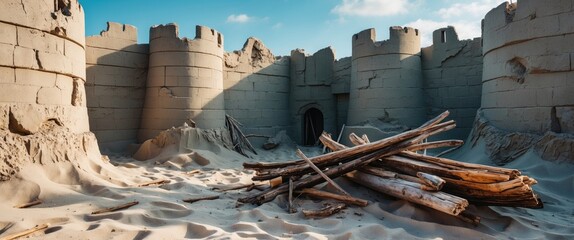 Obraz premium Dilapidated sandcastle walls with driftwood in foreground and clear sky, ideal for text overlay and creative design projects.