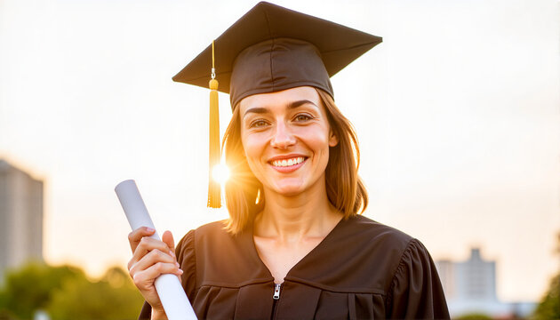 Graduate celebrating achievement with diploma outdoors against a city skyline for educational blogs, websites, graduation announcements, stationery, and event promotions - Powered by Adobe