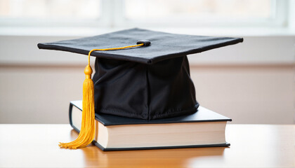Graduation cap on top of books on a desk for educational websites, blogs, graduation announcements, academic presentations, and stationery designs celebrating academic achievements