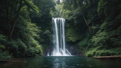 Obraz premium Majestic Waterfall Cascading Through Lush Green Forest Surrounded by Tranquil Nature and Reflections in Clear Water.