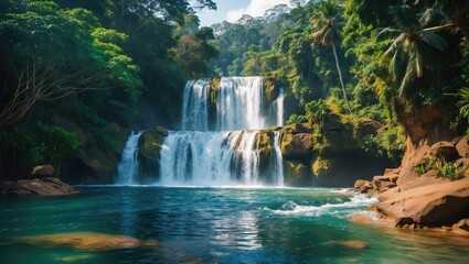 Fototapeta premium Serene Tropical Waterfall Flowing into Tranquil Pool Surrounded by Lush Greenery in Sri Lanka's Natural Landscape