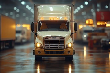White semi truck parked at nighttime truck stop, headlights gleaming on wet pavement, highlighting transportation industry's nocturnal movement and atmospheric logistics landscape
