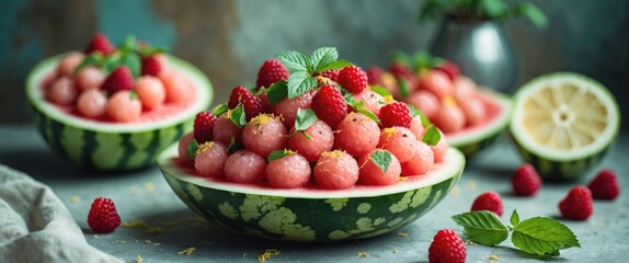 Refreshing Watermelon Ball Salad with Raspberries and Lemon Balm Garnish Summer Healthy Dessert Delight