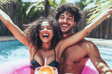 Young couple smiling and enjoying a summer pool party on a pink inflatable.