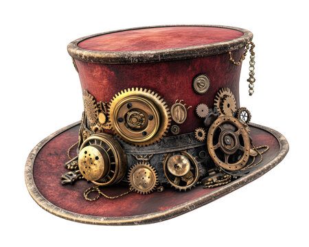 Steampunk inspired party hat featuring intricate gears and brass accents, perfect for themed events or costume parties. unique accessory that adds flair and creativity