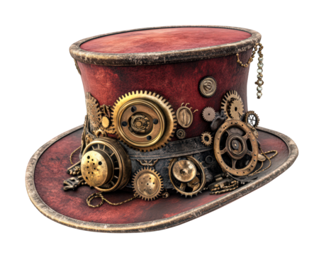 Steampunk inspired party hat featuring intricate gears and brass accents, perfect for themed events or costume parties. unique accessory that adds flair and creativity