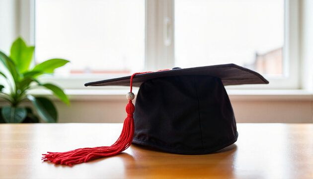 Graduation cap on a wooden table with indoor plants for educational blogs, announcements, event invitations, stationery designs, and general celebration materials