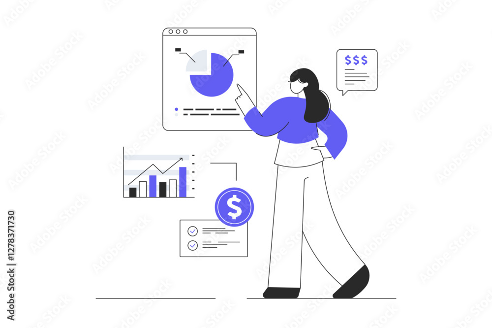 Poster virtual finance. data science. woman making research of statistics and analyzes datum at web pages. 