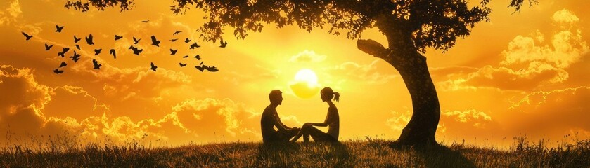 Couple Under Tree Sunset, Romantic Scene, Nature