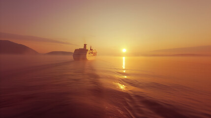 Cruise ship sailing at sunset in calm ocean waters.