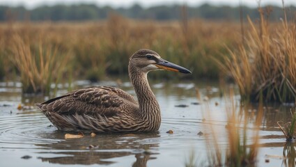 Naklejka premium Dabbling duck swimming in tranquil wetlands surrounded by tall grasses and marsh vegetation under soft natural lighting.