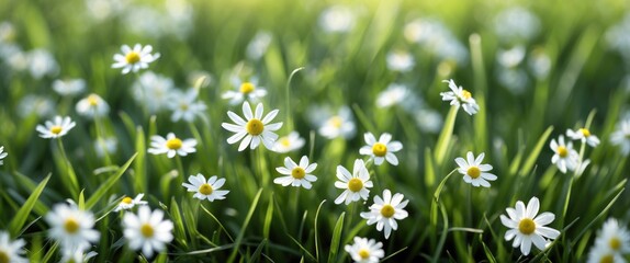 Delicate White Chamomile Flowers Blooming Among Lush Green Grass Under Soft Natural Light Top View