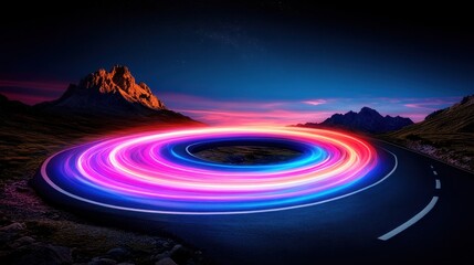 Fototapeta premium Abstract glow red and blue curved light lines on mounting road on the morning