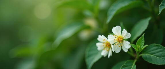Obraz premium Delicate White Flowers of Curly Chili Against a Soft Blurred Green Background Minimalist Aesthetic for Nature and Floral Imagery