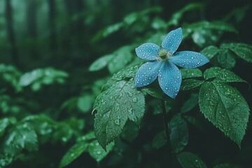 Close Up Of A Blue Five Petaled Flower Among Vibrant Green Leaves in Forest
