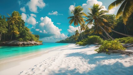 Tropical Paradise with White Sand Beach and Lush Palm Trees Under a Clear Blue Sky Ideal for Luxury Travel and Summer Getaway Promotions