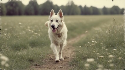 Obraz premium White Swiss Shepherd Dog Walking Through a Blooming Field with Green Grass and Copy Space for Text on a Calm Day
