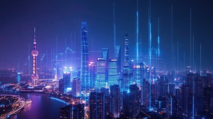 Fototapeta premium Futuristic cityscape at night with glowing digital data streams.