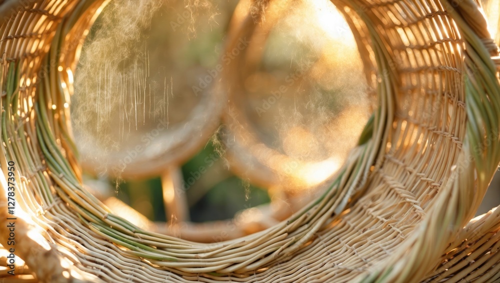Poster wicker baskets with soft golden light and empty space for text design background