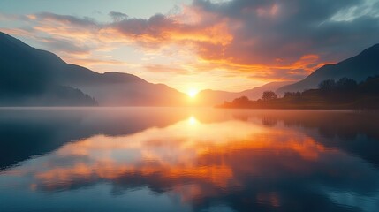 Sunrise reflection on a tranquil lake, creating a peaceful ambiance
