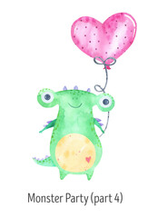 Watercolor funny monsters card, layout. Design for birthday party, baby shower, greeting card. Confetti, balloon heart, characters, colorful aliens, party. Funny friends, emotions little monsters