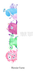 Watercolor funny monsters card, layout. Design for birthday party, baby shower, greeting card. Confetti, characters,  aliens, party, celebration. Funny friends, emotions little monsters
