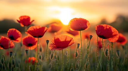 Fototapeta premium Vibrant poppy flowers in a sunlit field at sunset