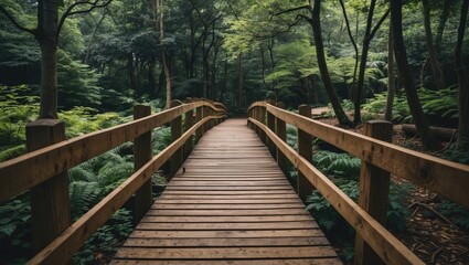 Obraz premium Wooden Bridge Pathway Through Lush Green Forest Park Surrounded By Dense Foliage And Natural Beauty Ideal For Nature Walks And Relaxation