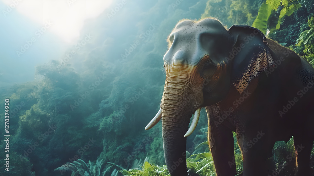 Poster elephant standing in a lush, green forest with soft sunlight filtering through