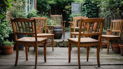 Obraz premium Garden Seating Area with Wooden Chairs Surrounded by Lush Greenery and Potted Plants in a Cozy Outdoor Setting