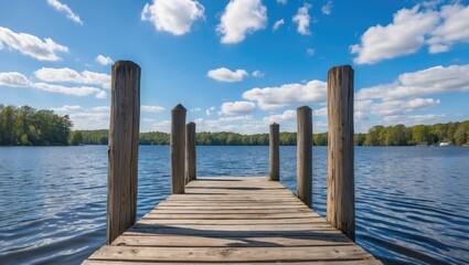 Picturesque Wooden Dock Extending Into Tranquil Lake Surrounded By Lush Greenery Underneath Clear Blue Sky With Fluffy Clouds