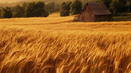 Golden wheat field with rustic barn at sunset.