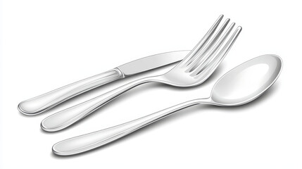 3D set of fork, knife and spoon isolated on white background. Vector realistic illustration of silver or stainless steel cutlery collection, modern restaurant kitchen flatware design, dining tools