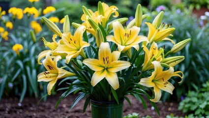 Vibrant Yellow Asiatic Hybrid Lilies Bouquet in Lush Summer Garden Setting Ideal for Gardening and Floral Design Themes