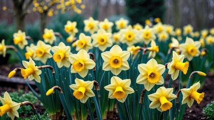 Vibrant Yellow Daffodils Blooming in a Garden with Lush Greenery and Space for Text Overlay in Spring Season Photography