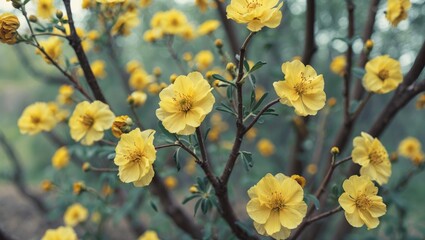 Vibrant Yellow Flowers on Branches with Blurry Background and Space for Custom Text in Nature Inspired Design