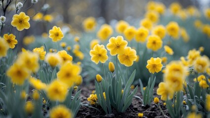 Fototapeta premium Vibrant Yellow Daffodils Blooming In Springtime Garden Capturing Nature's Beauty And Renewal In Soft Morning Light