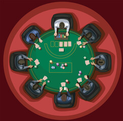 top view poker table game vegas risk realistic flat vector illustration Group of people play poker at a round table in a dark room.