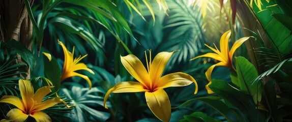 Vibrant Yellow Tropical Flowers Among Lush Green Jungle Foliage in Sunlight