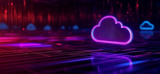 Neon illuminated cloud computing concept with abstract grid background