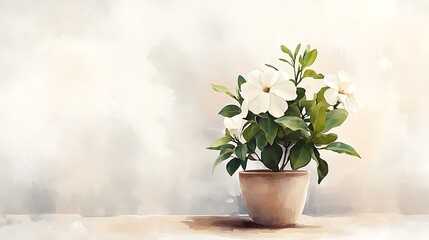 A bright watercolor illustration of a gardenia tree in a ceramic pot, fragrant white blossoms, clean minimal arrangement, soft interior lighting 