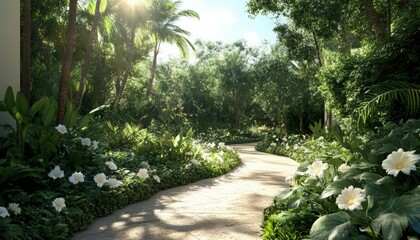 Sunlit Path Through Lush Tropical Garden