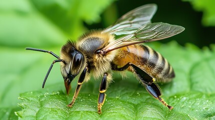 A detailed view of a beedelicate wings and fuzzy body as it rests on a leaf, clear copy space.